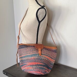 Sisal and Leather Boho Multicolored Crossbody Shoulder Bag Zipper Closure Casual